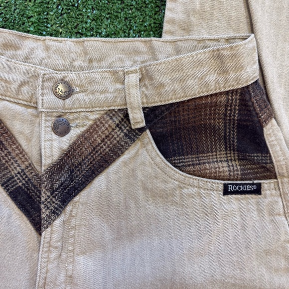 Rocky Mountain Jeans Khaki pinstripe with brown plaid accents, Size 27 - Picture 3 of 5